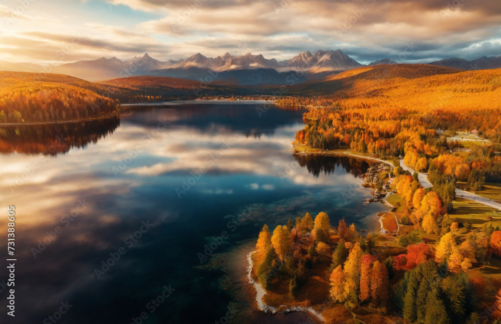 Aerial view of Strbske Lake (Strbske Pleso) on a sunny autumn afternoon with warm autumn colors, dark draamtic clouds and Tat Perfect composition, beautiful detailed , 8k photography, photorealistic ,