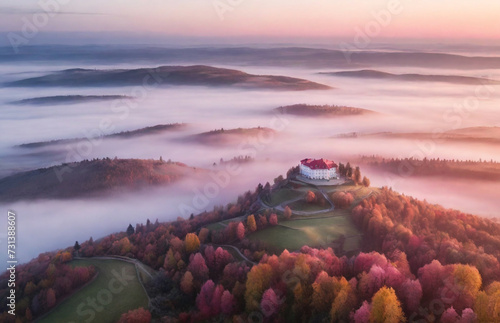 Aerial view of Mariina Vyhlidka (Mary's view) lookout with foggy Czech autumn landscape and colorful pink sunrise sky Perfect composition, beautiful detailed , 8k photography, photorealistic , soft 