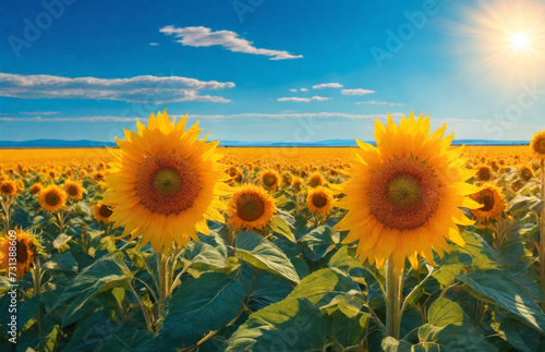 Sunflower field in warm sunlight at summertime with clear blue sky near Lake Balaton. Agricultural background Perfect composition  beautiful detailed   8k photography  photorealistic   soft natural 