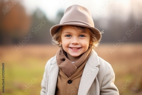Portrait of a cute little boy in a hat and coat outdoors © Inigo