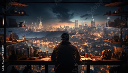 A young professional working late in an office with city views © Mahenz