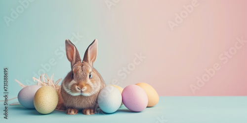 Banny with pastel Easter eggs. Holiday concept. Background image for greeting card, spring postcard, banner, flyer, advertising.