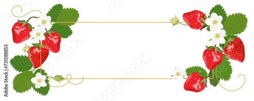 Strawberry with golden rectangular frame isolated on white background. Vector banner. EPS 10.