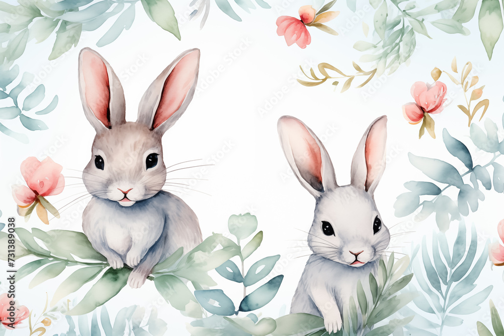 Watercolor seamless easter pattern with eucalyptus, flowers, bow, bunnies. Isolated on white background. Hand drawn clipart. Perfect for card, textile, tags, invitation, printing, wrapping