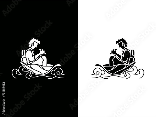 minimalist silhouette illustration of a student rowing a leaf boat on a high-contrast card