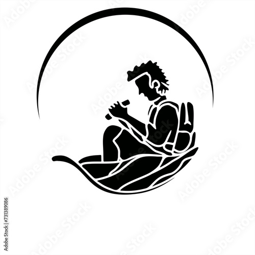 silhouette illustration of a student rowing a leaf boat under the moonlight for an icon or logo