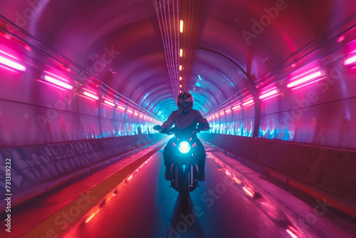 man riding a motorcycle through a tunnel. The walls are illuminated with colorful lights, and there are other vehicles on the road