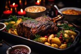 A joyous family celebration highlighted by a delectable roast lamb on a lavish table, accompanied by a tempting assortment of side dishes