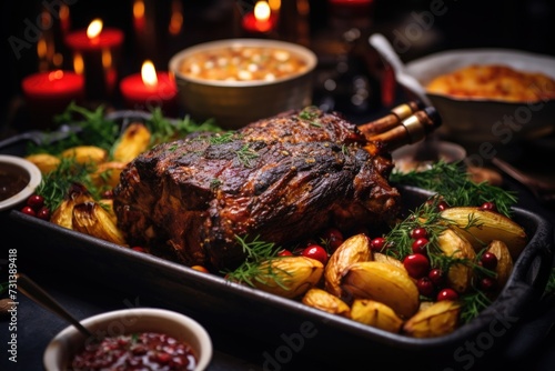 A joyous family celebration highlighted by a delectable roast lamb on a lavish table, accompanied by a tempting assortment of side dishes
