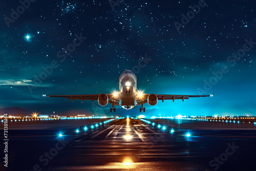 passenger jet taking off from a runway at night. The runway lights are illuminating the plane, and there are stars in the sky