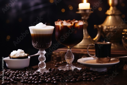 A display of coffee-inspired drinks adorned with swirls of cream, offering a delightful and aromatic coffee experience