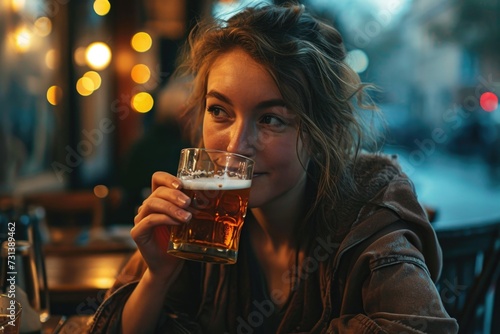 A smiling young lady savoring a pint of beer in a warm, ambient-lit bar with a bokeh background.