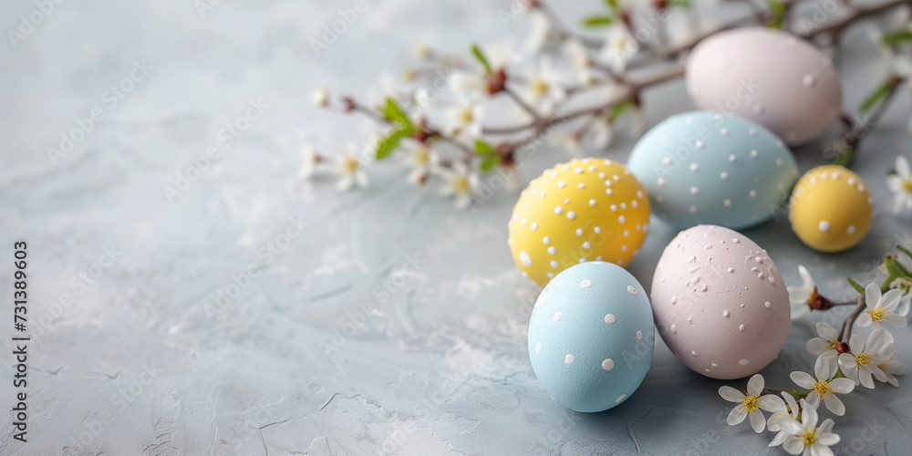 Colorful Easter eggs among spring flowers. Holiday concept. Background image for greeting card, spring postcard, banner, flyer, advertising. Colorful Easter eggs among spring flowers. Holiday concept. Background image for greeting card, spring postcard, banner, flyer, advertising.