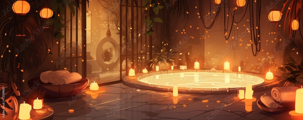 Hand-Drawn Illustration of Ultimate Relaxation Cozy Spa Sanctuary with Warm Candle Glow - Perfect for Wellness and Beauty Ads