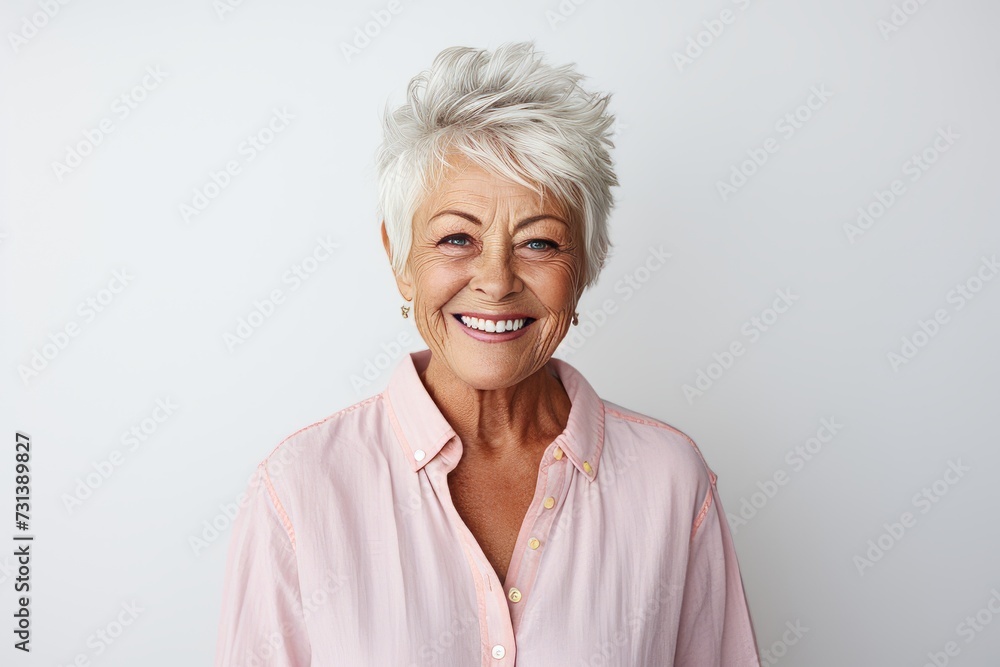 Happy senior woman looking at camera and smiling while standing against grey background