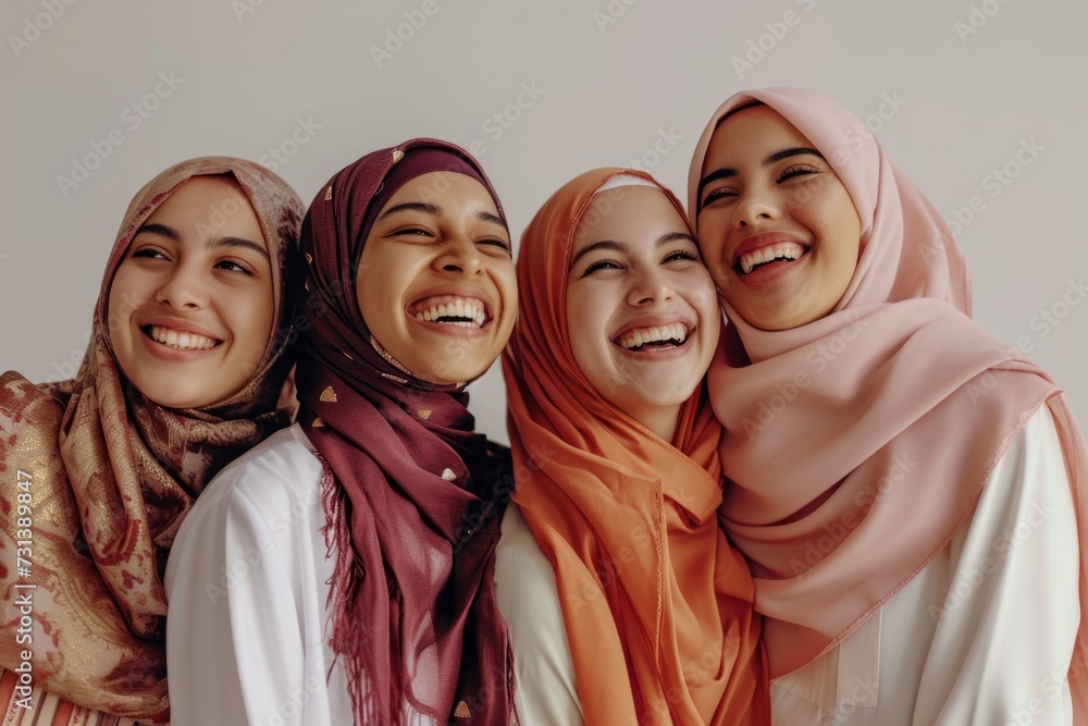 An inspiring photo capturing the happiness of several Muslim women against a light background, celebrating their joyful moments