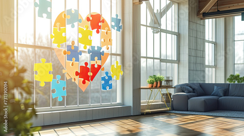 The windows of the office of a psychotherapist working with people with autism are painted with colorful hearts from puzzle pieces photo