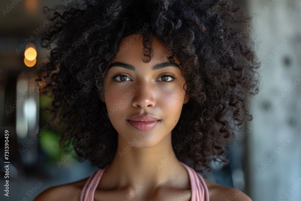 Inner peace: A composed young lady with curly hair and dusky rose attire, radiating tranquility. Inner peace: A composed young lady with curly hair and dusky rose attire, radiating tranquility.