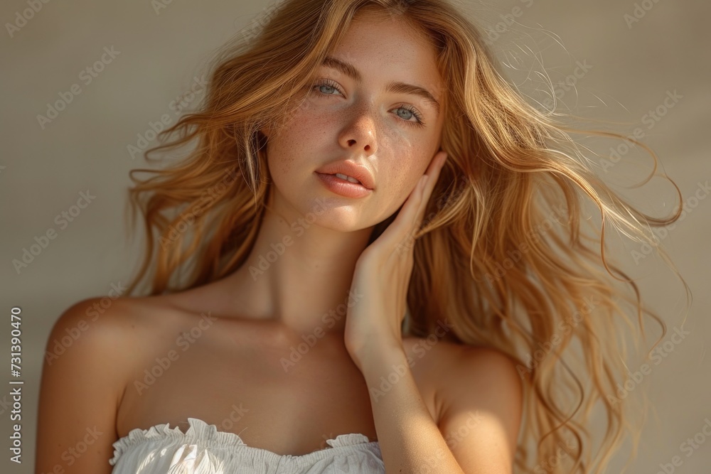 Naklejka premium Soothing serenity: An image capturing a woman's tranquil expression, conveying a sense of relaxation.