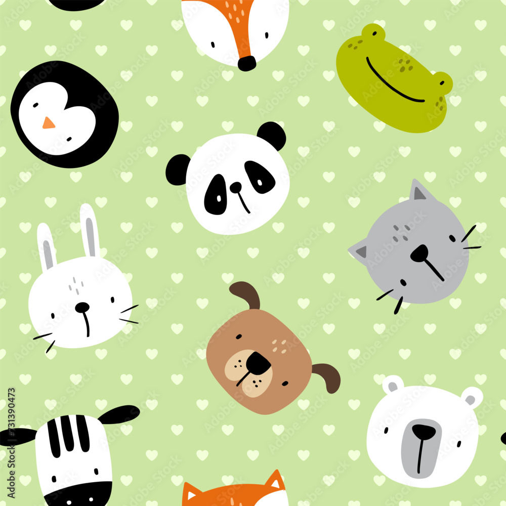 Cute hand drawn zebra, fox, dog, bear, kitten, bunny, panda, penguin, frog face on a polka dot green heart shaped background. Kids seamless pattern for textile, fabric, for boy and girl. Cute hand drawn zebra, fox, dog, bear, kitten, bunny, panda, penguin, frog face on a polka dot green heart shaped background. Kids seamless pattern for textile, fabric, for boy and girl.