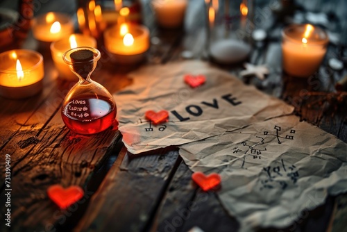 Chemistry of the Heart: A romantic composition featuring chemical formulas, "LOVE," tea candles, and a red hourglass on a warm wooden setting, symbolizing the intricate nature of love