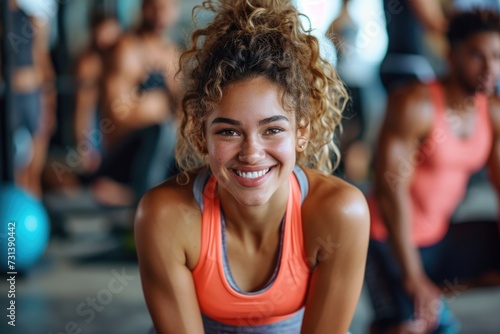 Workout bliss: A woman's cheerful smile adds a touch of happiness to her gym session.