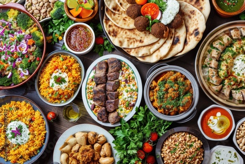 Feast for the senses: Overhead view of a table adorned with richly colored Middle Eastern dishes.