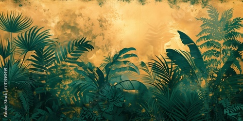 Golden Jungle Wallpaper Art - Faux Gold Leaf Textured Tropical Forest Design for Craft, Decor, and Painting