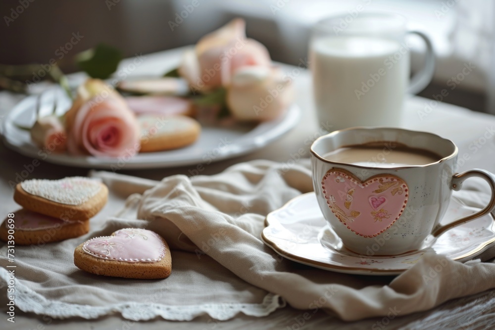 A charming tea setup featuring heart-shaped cookies, a cup of coffee, and a white plate on a beige napkin A charming tea setup featuring heart-shaped cookies, a cup of coffee, and a white plate on a beige napkin