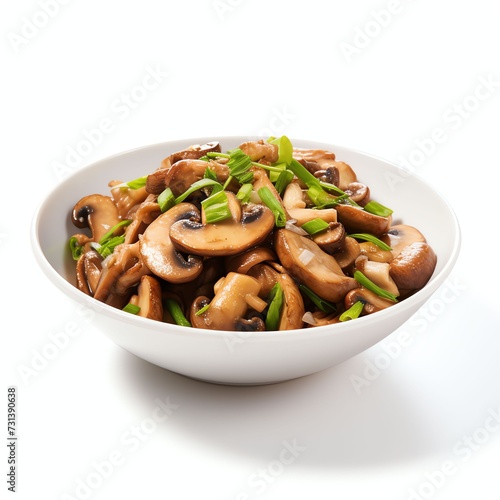 a stir fry or sauteed shimeji mushrooms also know as white beech or white clamshell mushrooms, studio light , isolated on white background