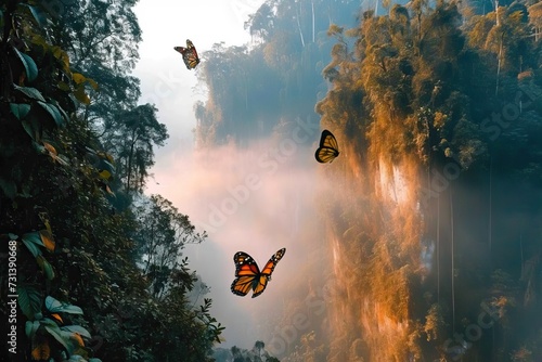 Colorful butterflies in a jungle landscape