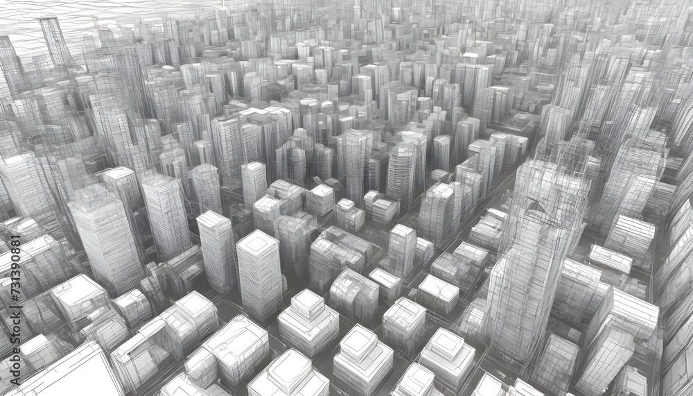 Obraz premium Abstract wireframe city background. Perspective 3D render of building wireframe. Vector.