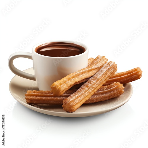 a traditional spanish churros with hot chocolate, studio light , isolated on white background