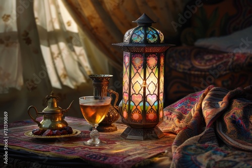 Middle Eastern Traditions: A cultural vignette highlighting a lantern's soft radiance, tea, dates, and ornamental teapots, symbolizing the richness of Middle Eastern heritage.