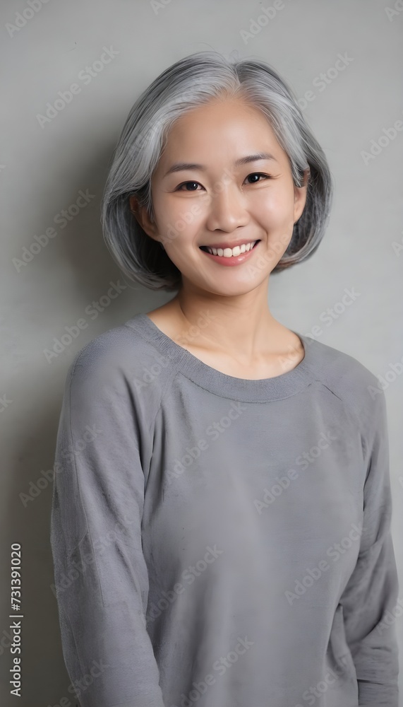 Beautiful asian with grey hair smiling standing near the wall Beautiful asian with grey hair smiling standing near the wall
