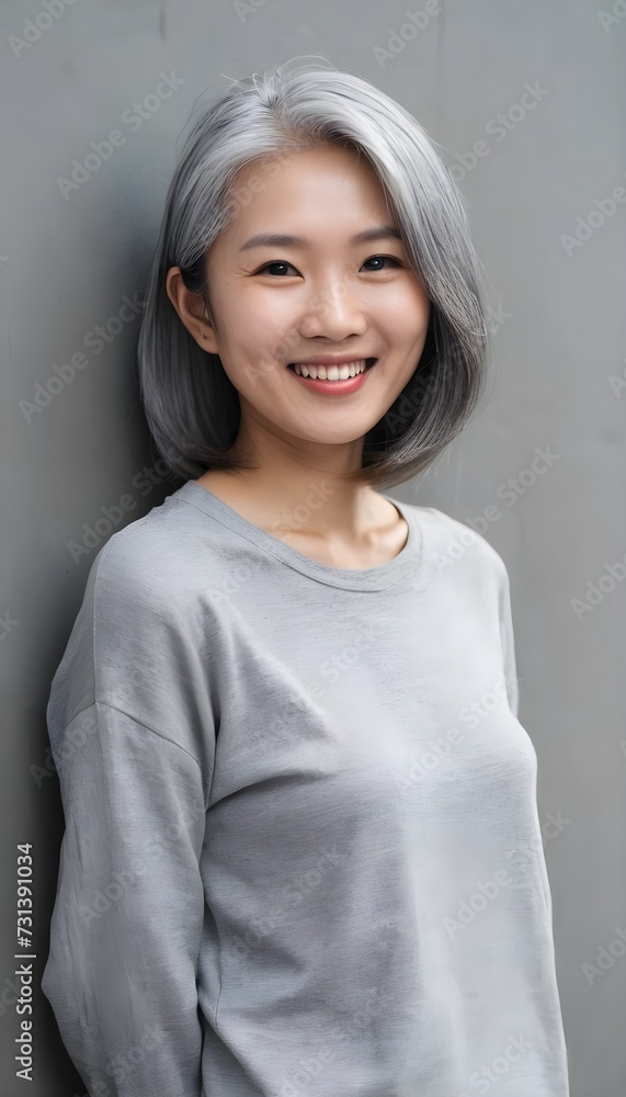 Beautiful asian with grey hair smiling standing near the wall Beautiful asian with grey hair smiling standing near the wall
