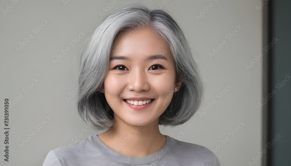 Beautiful asian with grey hair smiling standing near the wall Beautiful asian with grey hair smiling standing near the wall