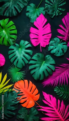 Creative fluorescent color layout made of tropical leaves. Flat lay neon colors. Nature concept.