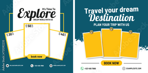 Tour and travel business promotion social media post template with brush stroke background. Summer holiday traveling online marketing flyer, banner or poster. Travel web banner with grunge paint brush photo