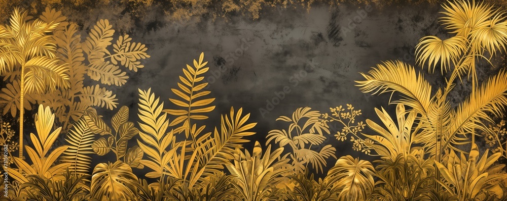 Naklejka premium Tropical Jungle Elegance Gold Leaf Textured Forest Wallpaper Art for Creative Crafting and Luxurious Decor