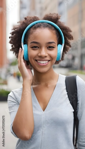 Portrait of smiling young african american woman with wireless headphones in city