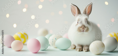 White rabbit with pastel Easter eggs. Holiday concept. Background image for greeting card, spring postcard, banner, flyer, advertising.