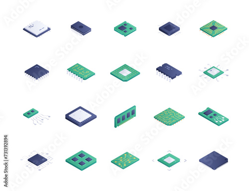 Microchips isometric icons vector set