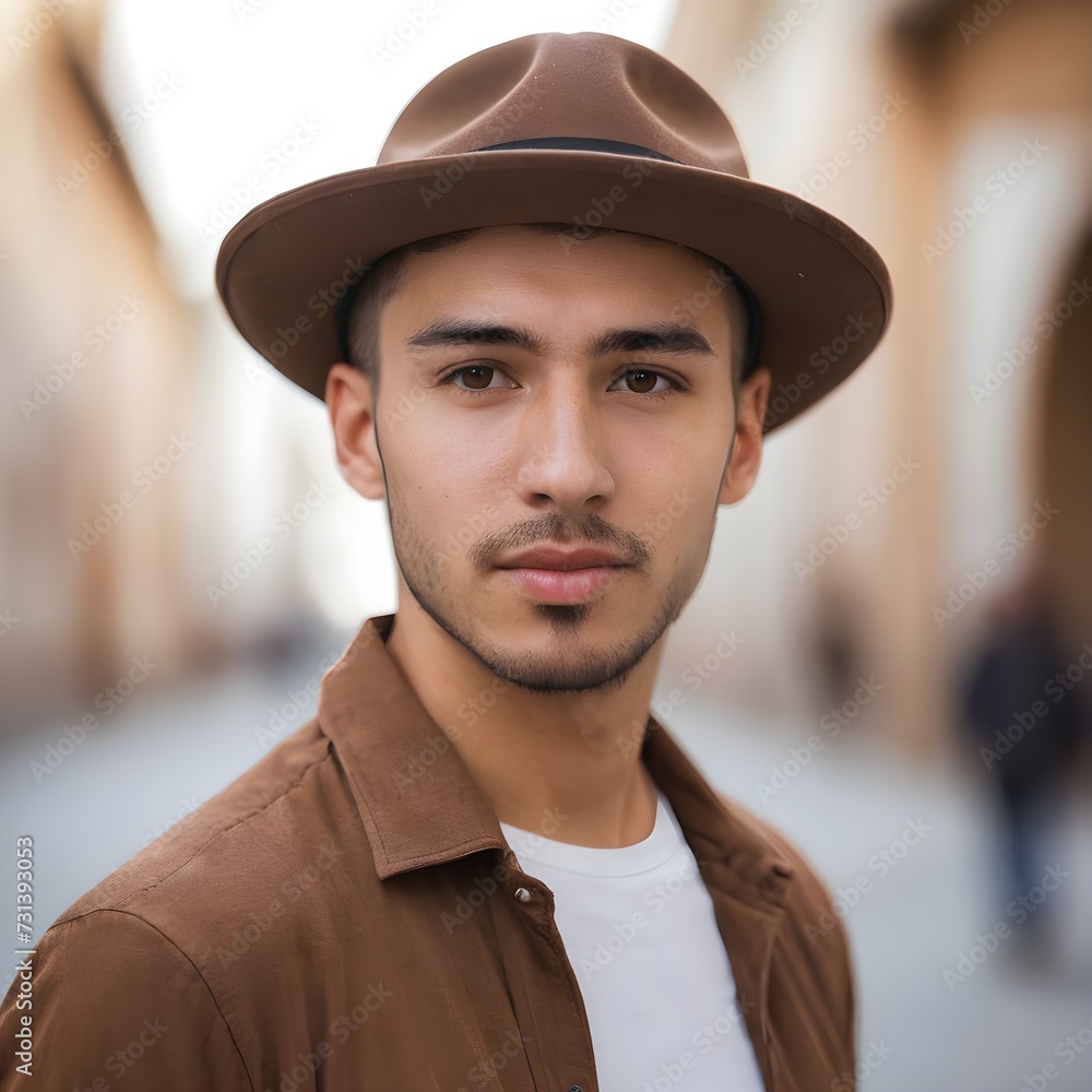 Young Man with a Brown Hat against a Blurred Background Young Man with a Brown Hat against a Blurred Background