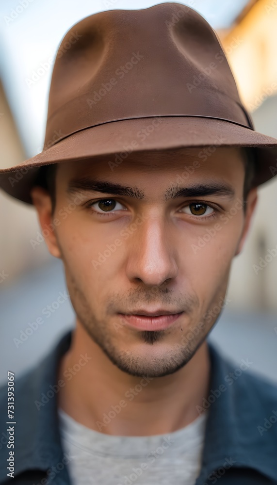 Young Man with a Brown Hat against a Blurred Background Young Man with a Brown Hat against a Blurred Background