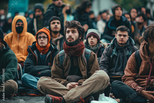Migrants sitting in front of a city hall, protesting against corruption