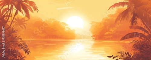 Regal Gold and White Junglescape - Artistic Wallpaper Illustration with Glistening River and Shimmering Sunset