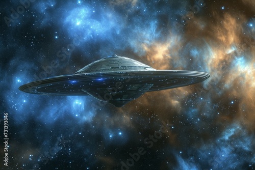 Flying saucer in space. Backdrop with selective focus and copy space