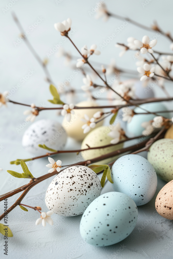 Colorful Easter eggs among spring flowers. Holiday concept. Background image for greeting card, spring postcard, banner, flyer, advertising.