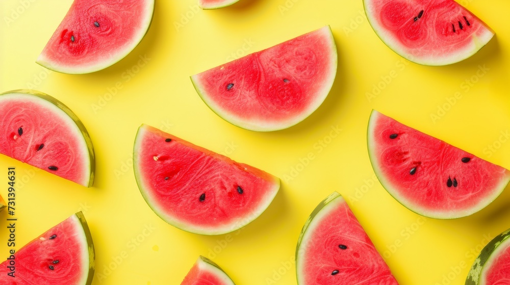 Fresh Watermelon Slices on Yellow Background Fresh Watermelon Slices on Yellow Background